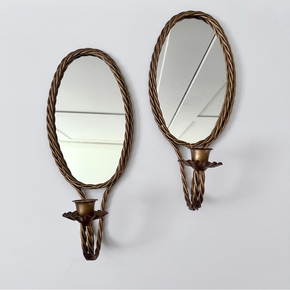 Set of 2 Vintage Gold Mirror Wall Sconces Homco Candleholders Woven Rope